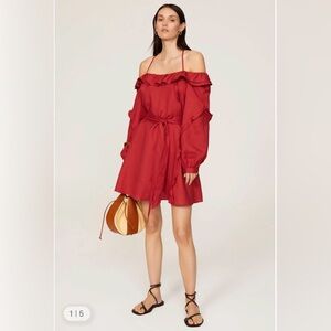 NWOT: Marissa Webb Crimson Off-Shoulder Ruffle Tie-Waist Mini Dress